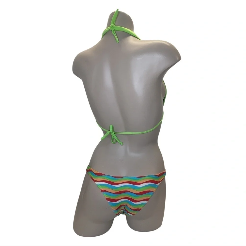 Recco Size Small Brazilian Green Halter Tie Top & Striped Bottom. New With Tags_3